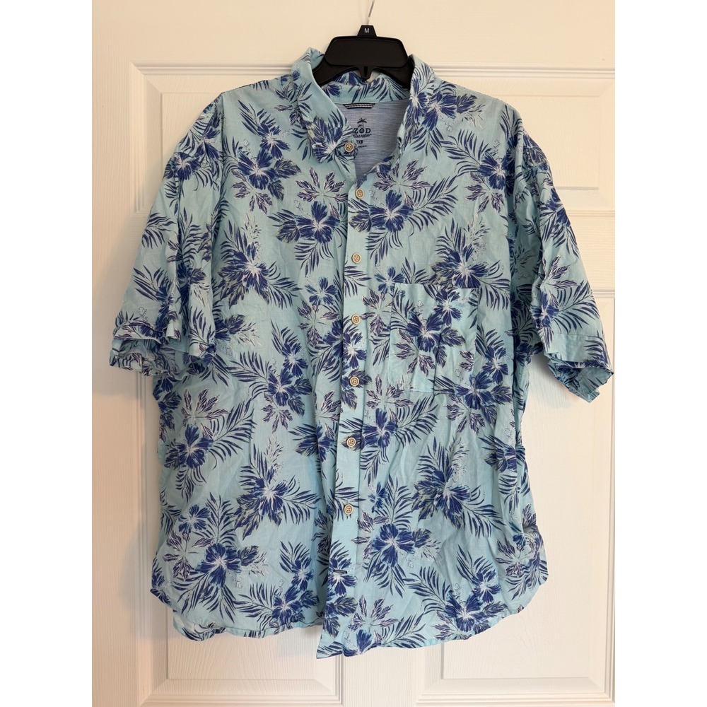 Izod Saltwater Mens 2XB Blue Tropical Hibiscus 100% Cotton Button Down Shirt